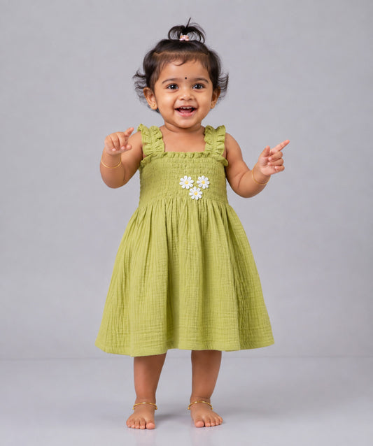 Muslin Bubble Crinkle Smocking Frock - Palm Green