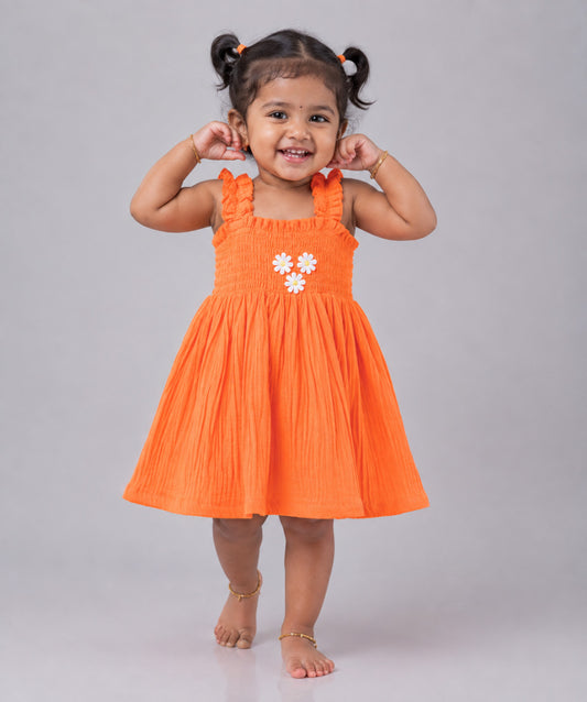 Muslin Bubble Crinkle Smocking Frock - Coral Orange