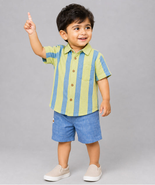 Y/D Muslin Crinkle Breezy Shirt-Shorts Set - Bengal Stripe