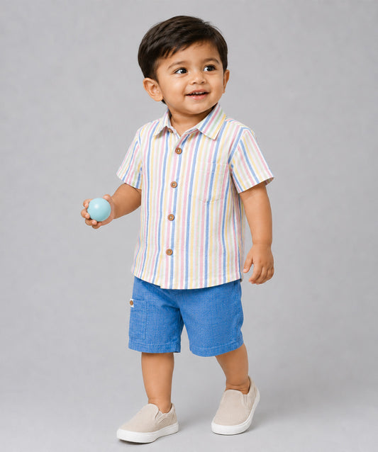 Y/D Muslin Crinkle Breezy Shirt-Shorts Set - Candy Stripe