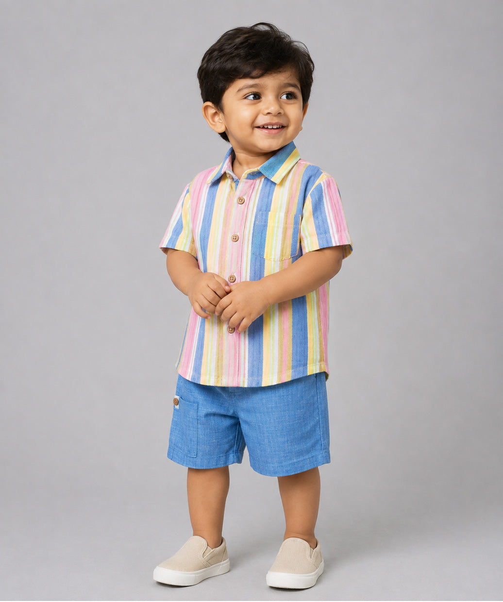 Y/D Muslin Crinkle Breezy Shirt-Shorts Set - Balanced Stripe