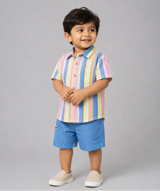 Y/D Muslin Crinkle Breezy Shirt-Shorts Set - Balanced Stripe