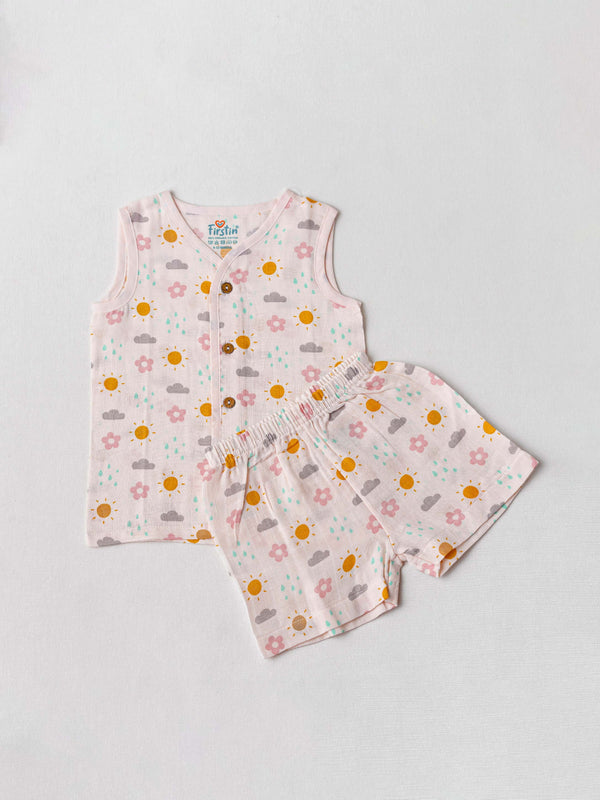 FIRSTIN Salsa Rose-Daisy Cloud Muslin Jablas Shorts Set Sleeveless