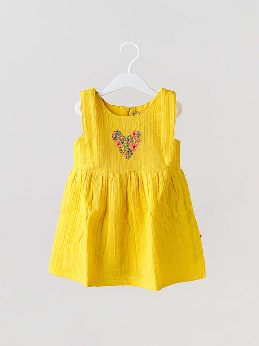 Seer Sucker Muslin Self Knotted Frock With Embroidery Dk.Yellow