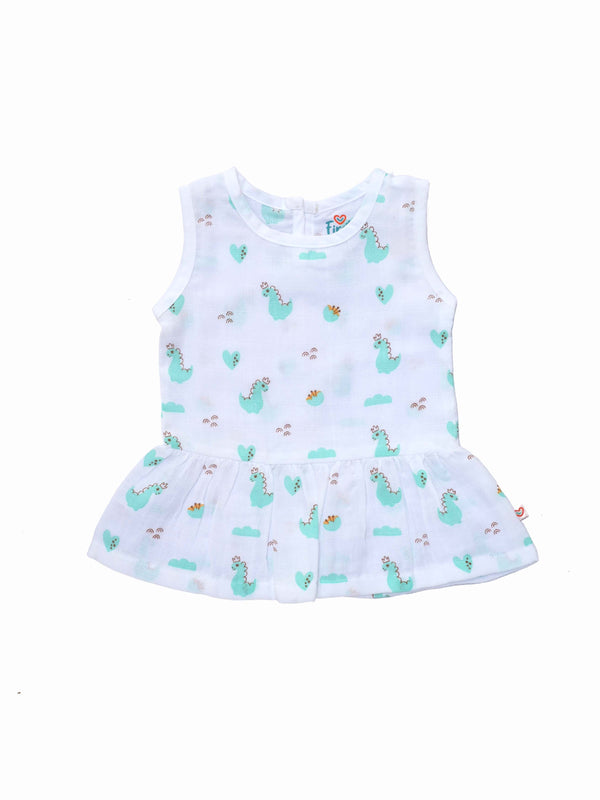 FIRSTIN Muslin Frock Back Button - (W) Frost Dino Crown