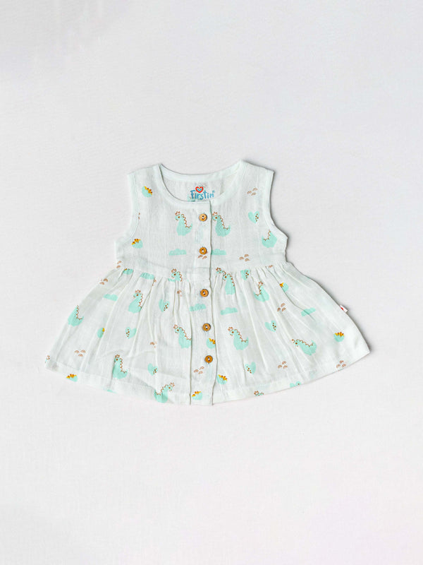 FIRSTIN Muslin Front Open Sleeveless Frock - Frost Dino Crown