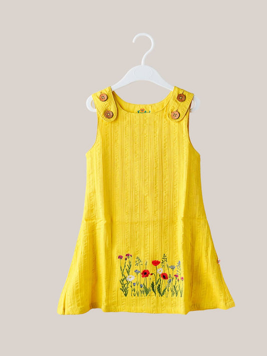 Seer Sucker Muslin Shoulder Button Frock With Embroidery DK.Yellow