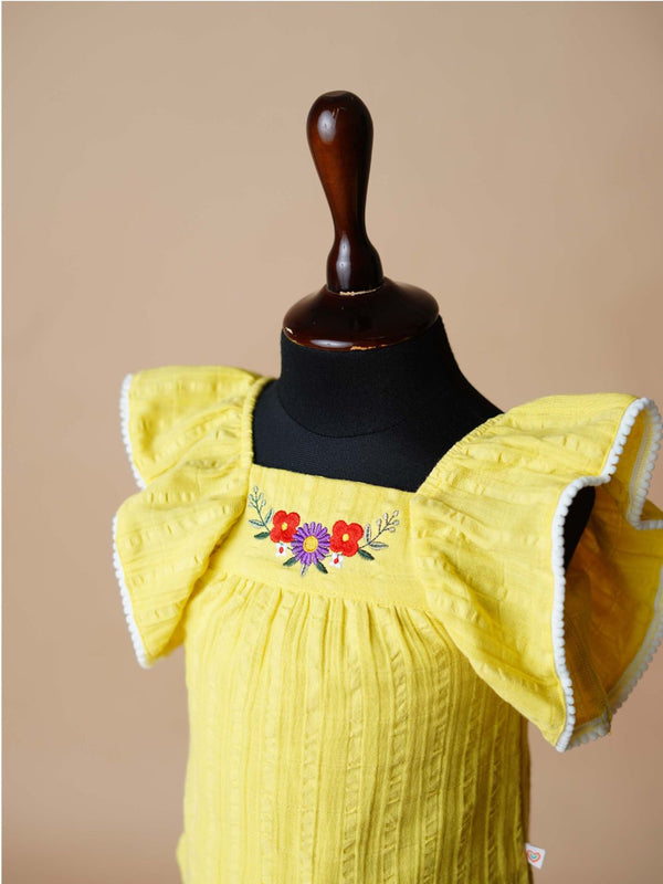 Firstin Muslin Seer Sucker Flutter Sleeve Frock - Dk Yellow