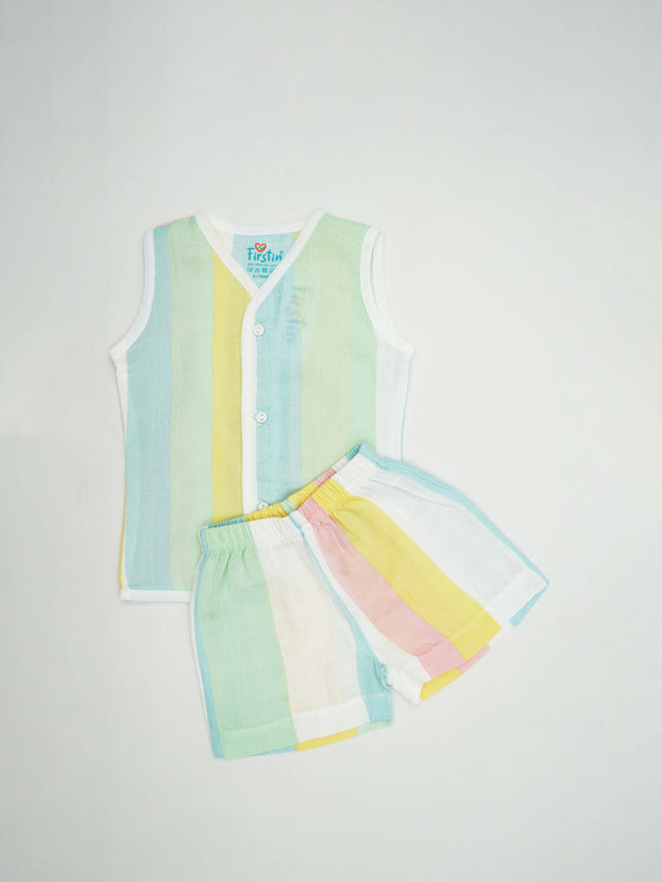 FIRSTIN Muslin Jabla-Shorts Set Sleeveless - Multicolor Stripes