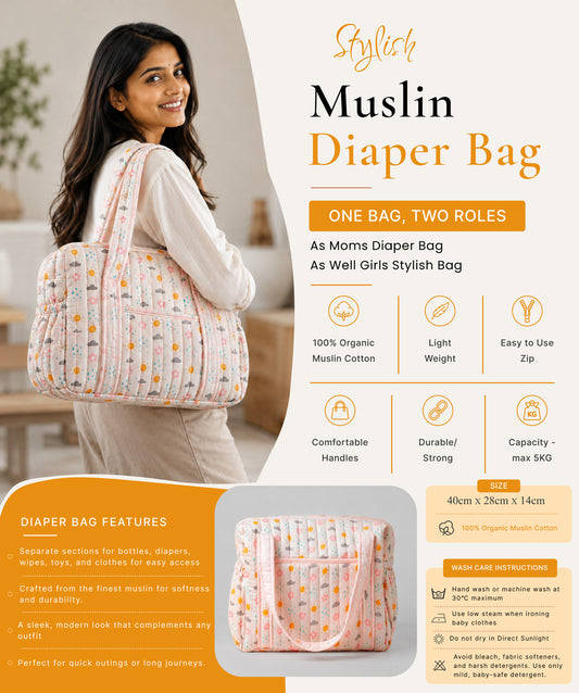 Muslin Diaper Bag Salsa Rose Daisy Cloud