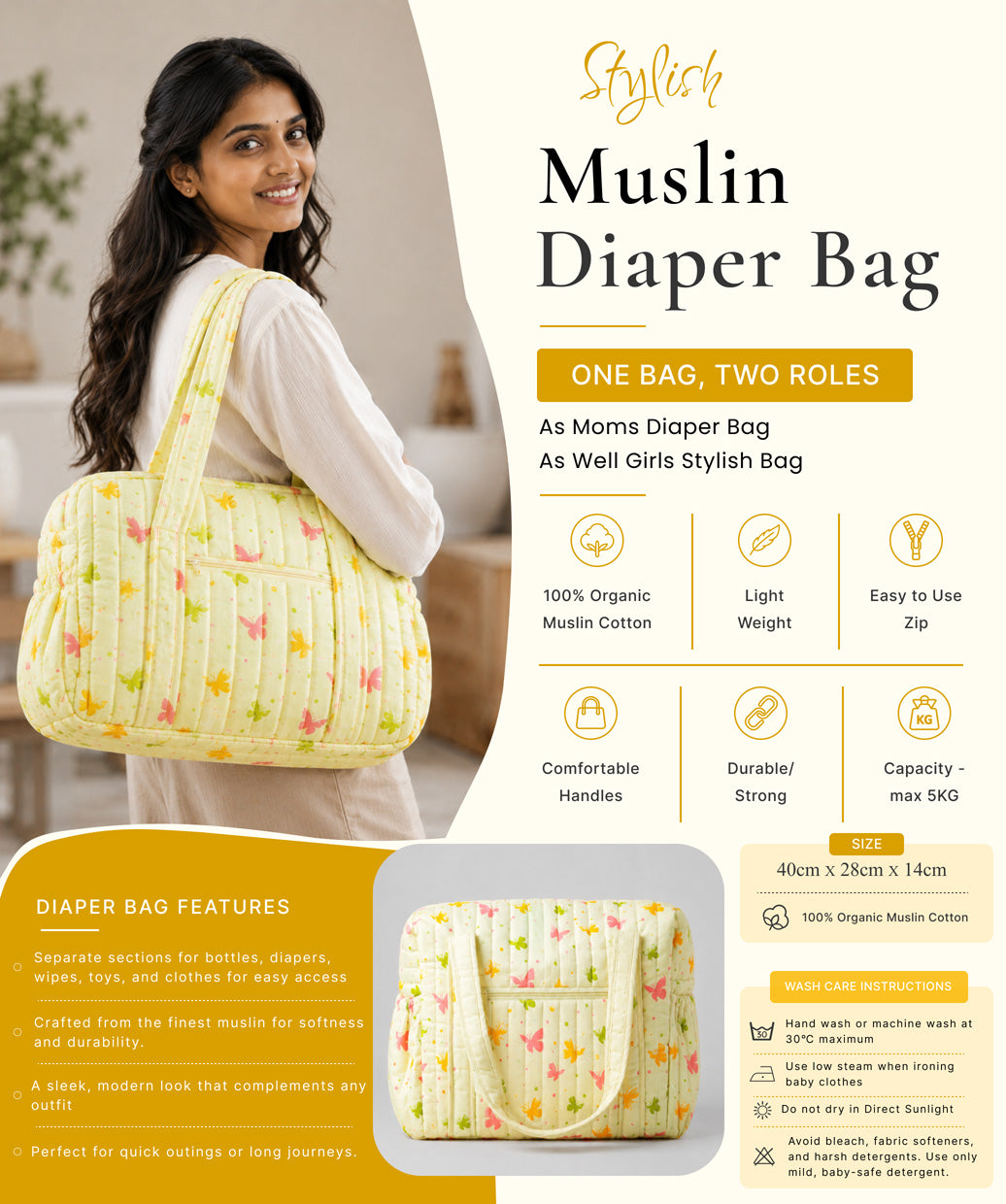 Muslin Diaper Bag Aloe Wash Butterfly