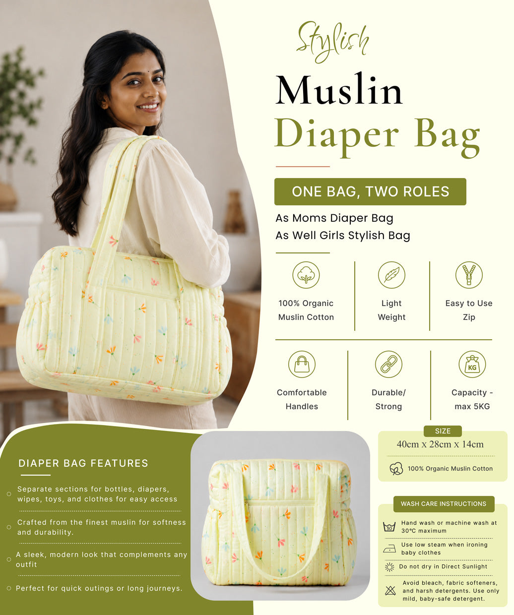 Muslin Diaper Bag  Lime cream Bloom