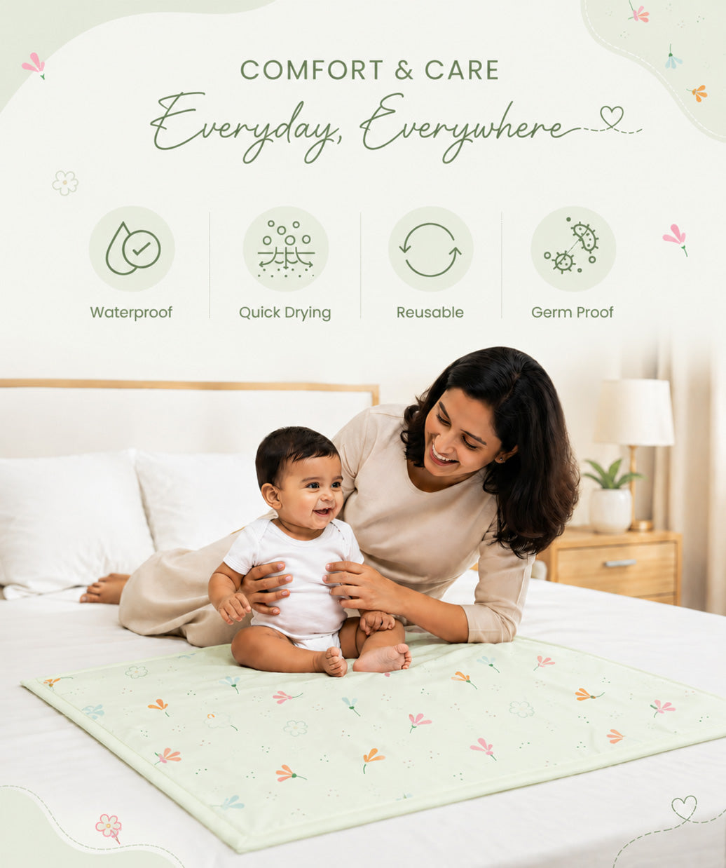 Poplin Cotton Dohar (Premium Bed Protector) - Lime Cream Bloom