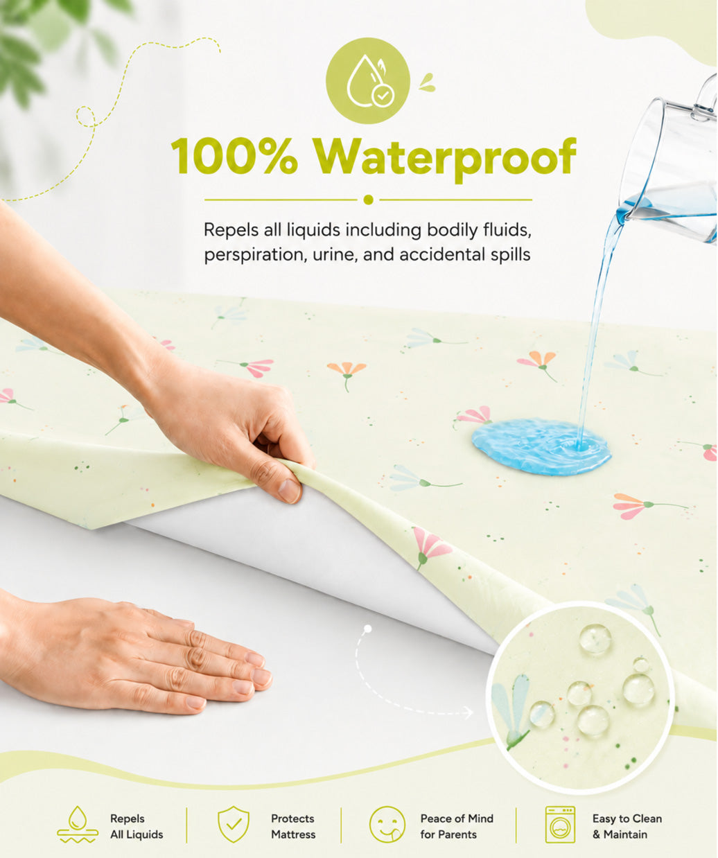 Poplin Cotton Dohar (Premium Bed Protector) - Lime Cream Bloom
