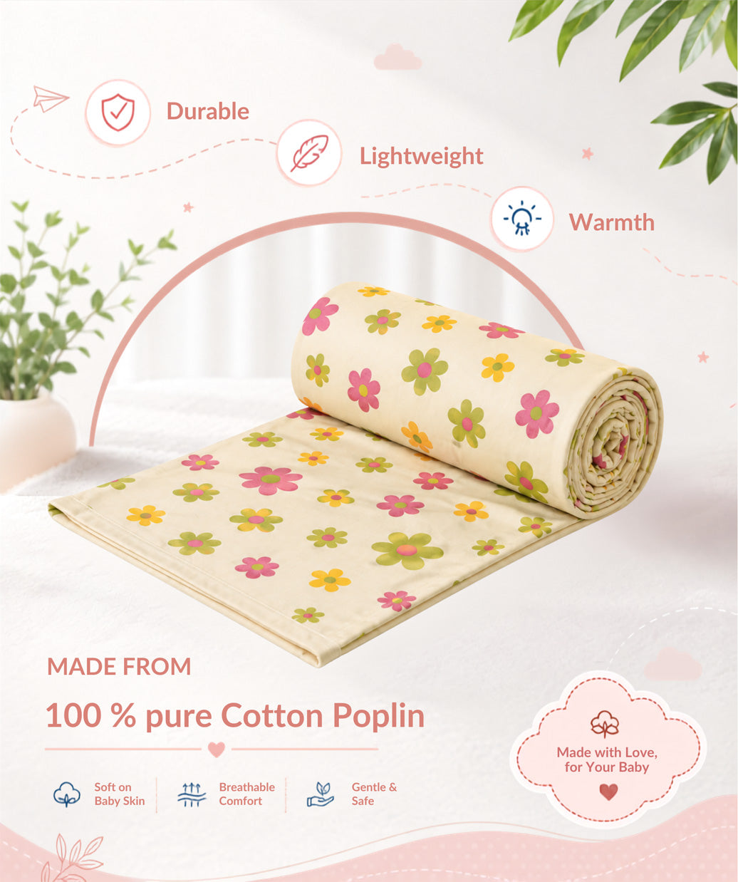 Poplin Cotton  Dohar (Premium Bed Protector) - Vanilla Petals