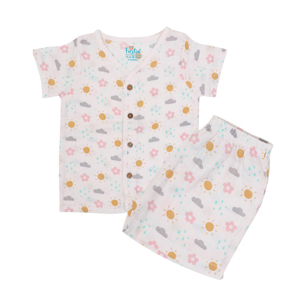 FIRSTIN Salsa Rose - Daisy Cloud Printed Muslin Jabla Shorts Set Half Sleeve