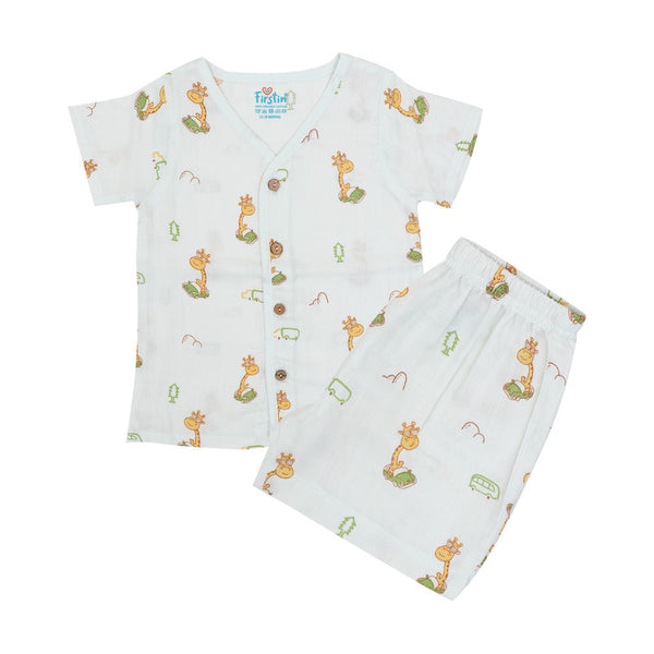 FIRSTIN Frost Joyous Giraffe Printed Muslin Jabla Shorts Set Half Sleeve