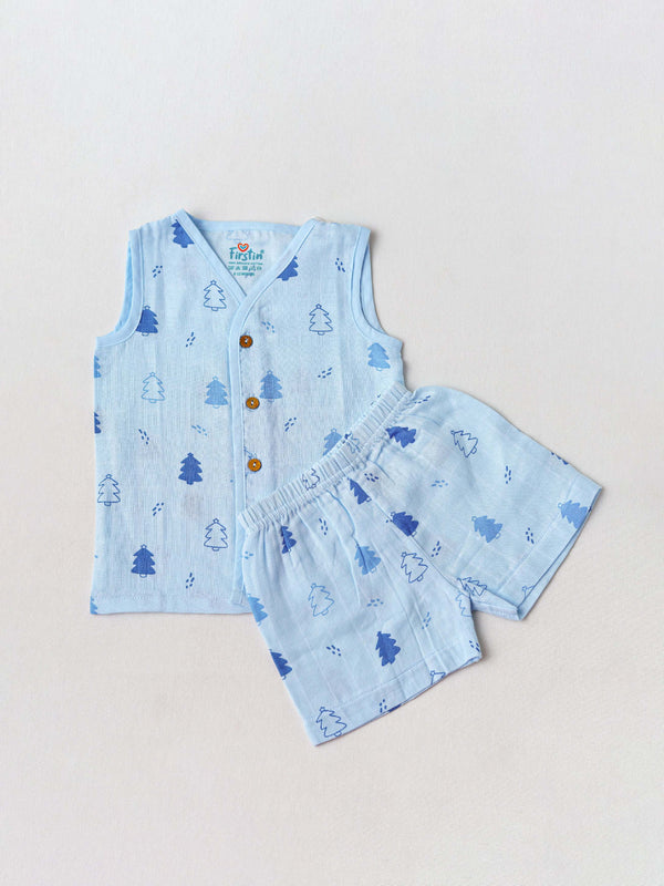 FIRSTIN Muslin Jabla-Shorts Set Sleeveless - Blue Fir Tree