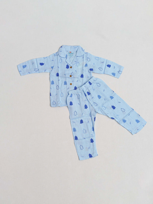 FIRSTIN Blue Fir Tree Printed Muslin Night Suit Set