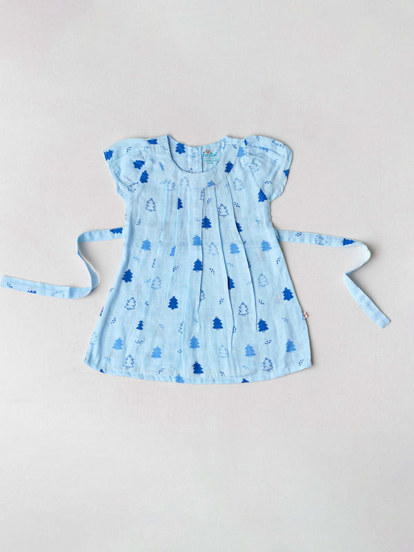 FIRSTIN Muslin Cap Sleeve Frock - Blue Fir Tree