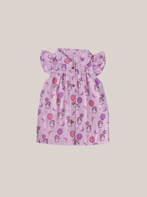 FIRSTIN Muslin Collar Neck Frock - Fragrant Lilac Penguin