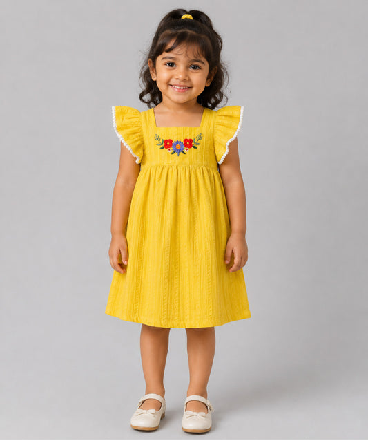 Muslin Seer Sucker Flutter Sleeve Frock - Dk Yellow
