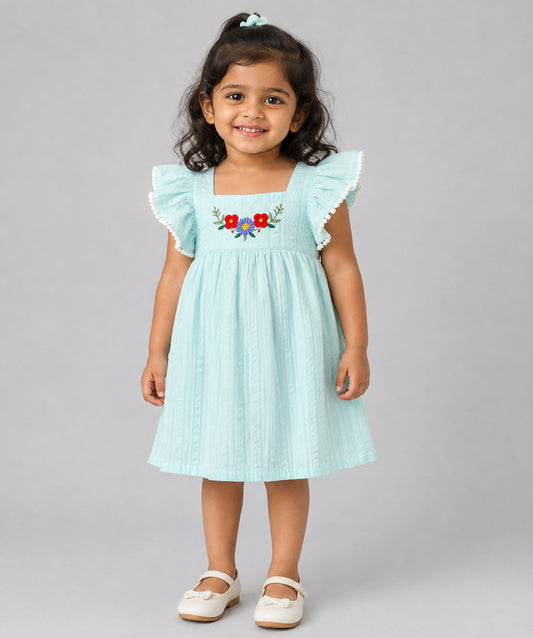 Muslin Seer Sucker Flutter Sleeve Frock - Mint