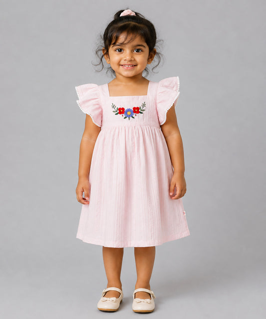 Muslin Seer Sucker Flutter Sleeve Frock - Lt Pink