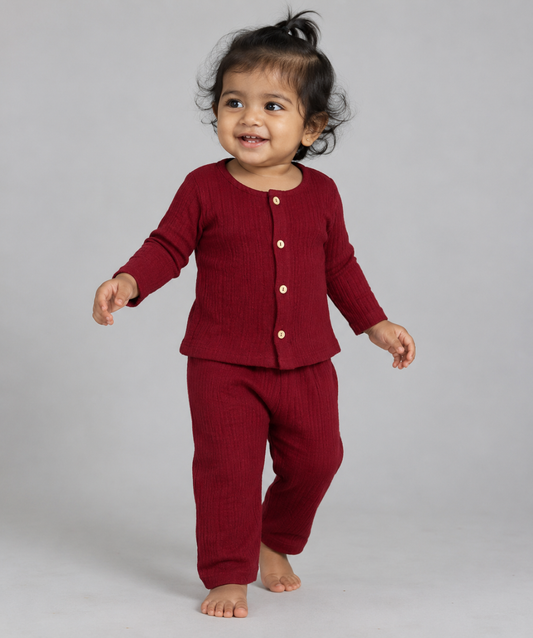Muslin Bubble Crinkle Pyjamas Set (FO) - Burgandy