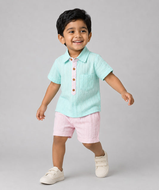 Muslin Seer Sucker Fusion Shirt-Shorts Set - Mint