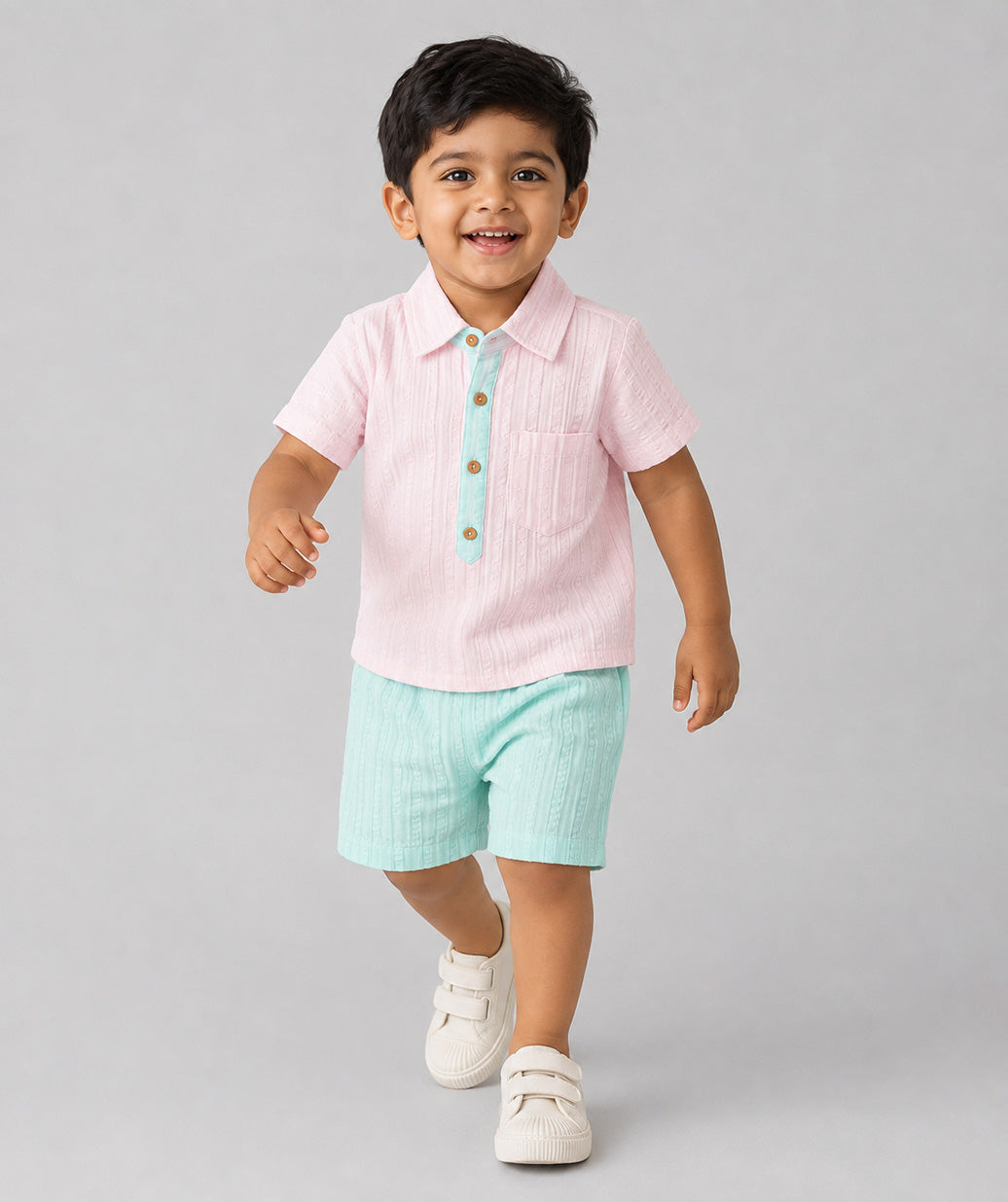 Muslin Seer Sucker Fusion Shirt-Shorts Set - Lt. Pink