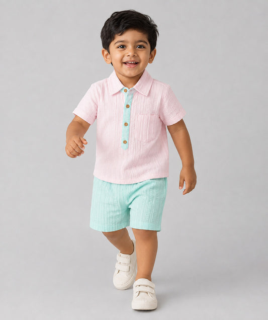Muslin Seer Sucker Fusion Shirt-Shorts Set - Lt. Pink