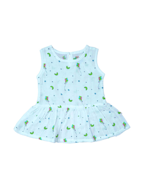 FIRSTIN Muslin Frock Back Button - (W) Fluo Green Moon