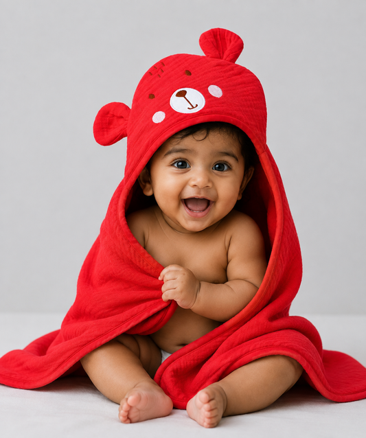 Muslin Bubble Crinkle Hooded Blanket - Carmine (Puppy)