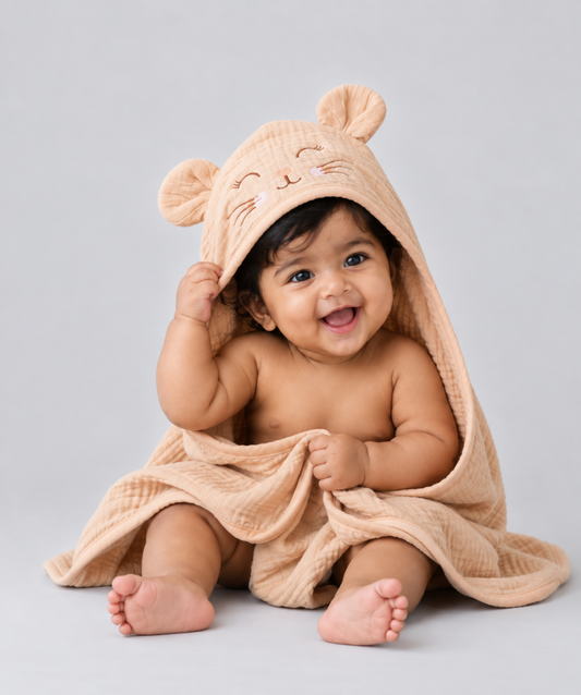 Muslin Bubble Crinkle Hooded Blanket - Breezy Beige (Kitty)
