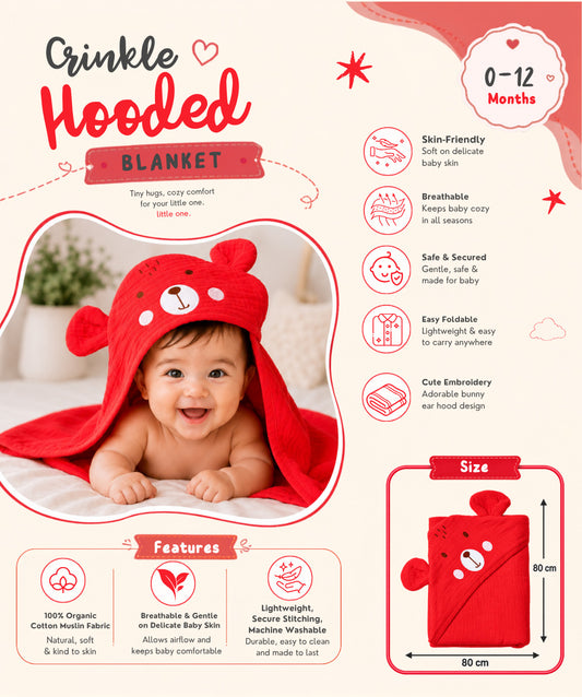 Muslin Bubble Crinkle Hooded Blanket - Carmine (Puppy)
