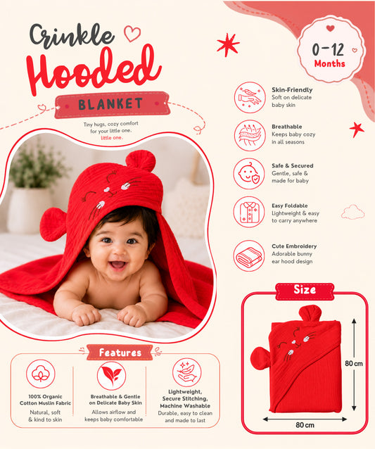 Muslin Bubble Crinkle Hooded Blanket - Carmine (Kitty)