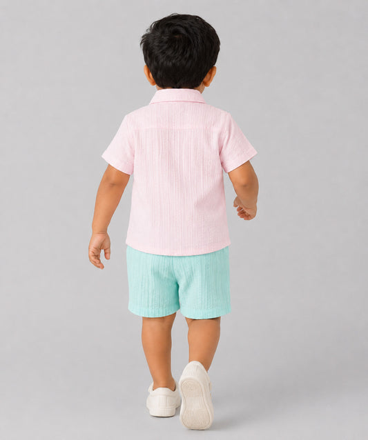 Muslin Seer Sucker Fusion Shirt-Shorts Set - Lt. Pink