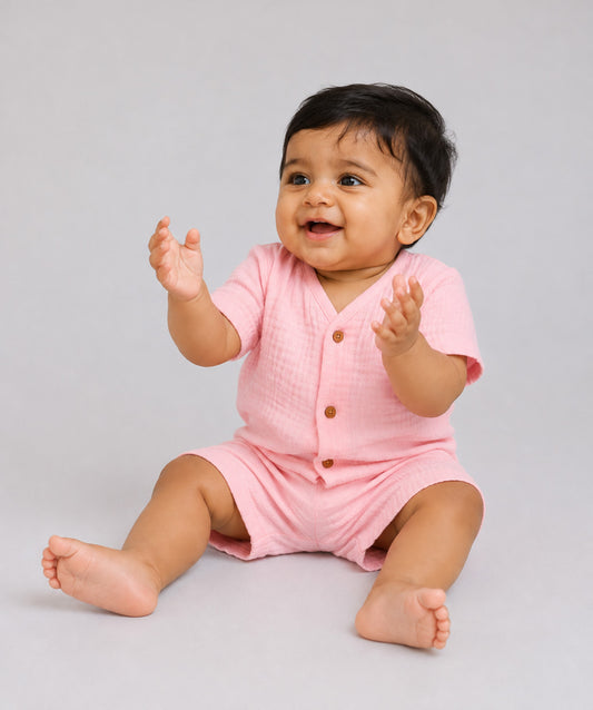 Muslin Bubble Crinkle Jabla-Shorts Set Half Sleeve - Flamingo Pink