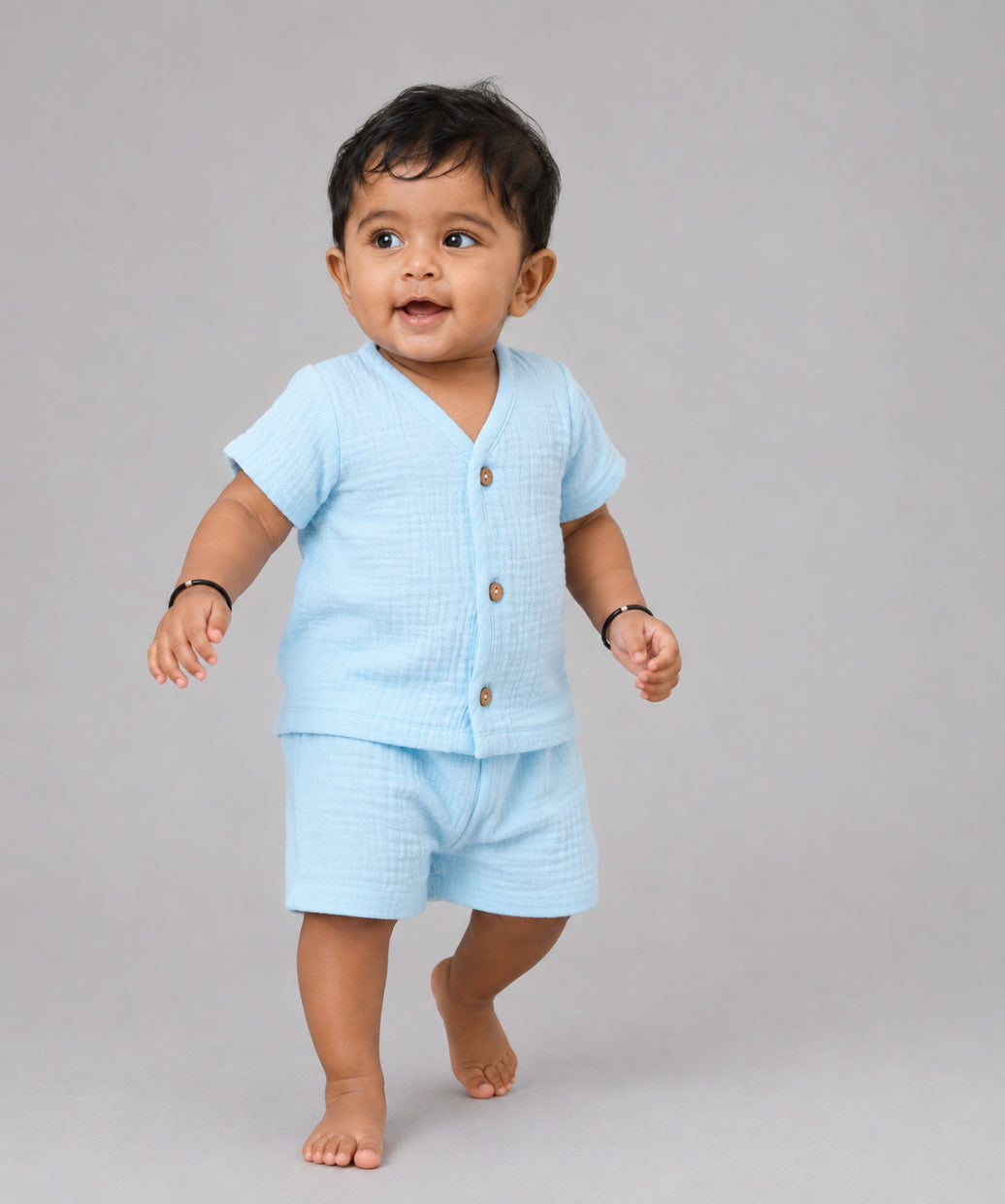 Muslin Bubble Crinkle Jabla-Shorts Set Half Sleeve - Aqua