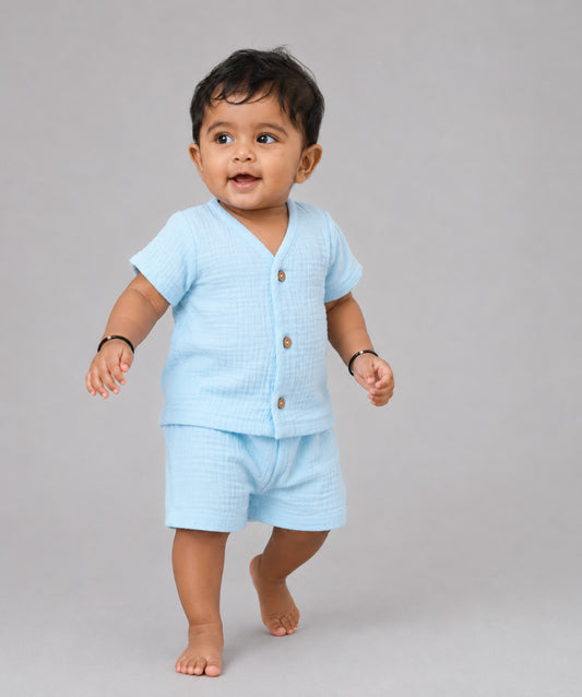 Muslin Bubble Crinkle Jabla-Shorts Set Half Sleeve - Aqua