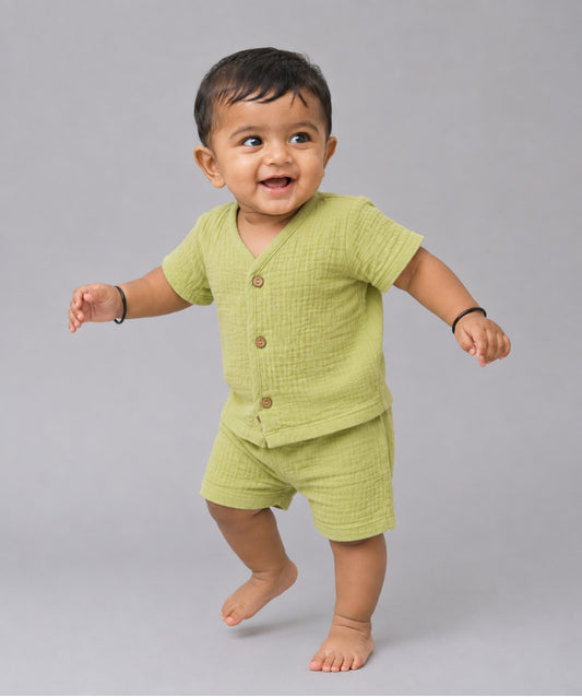 Muslin Bubble Crinkle Jabla-Shorts Set Half Sleeve - Palm Green