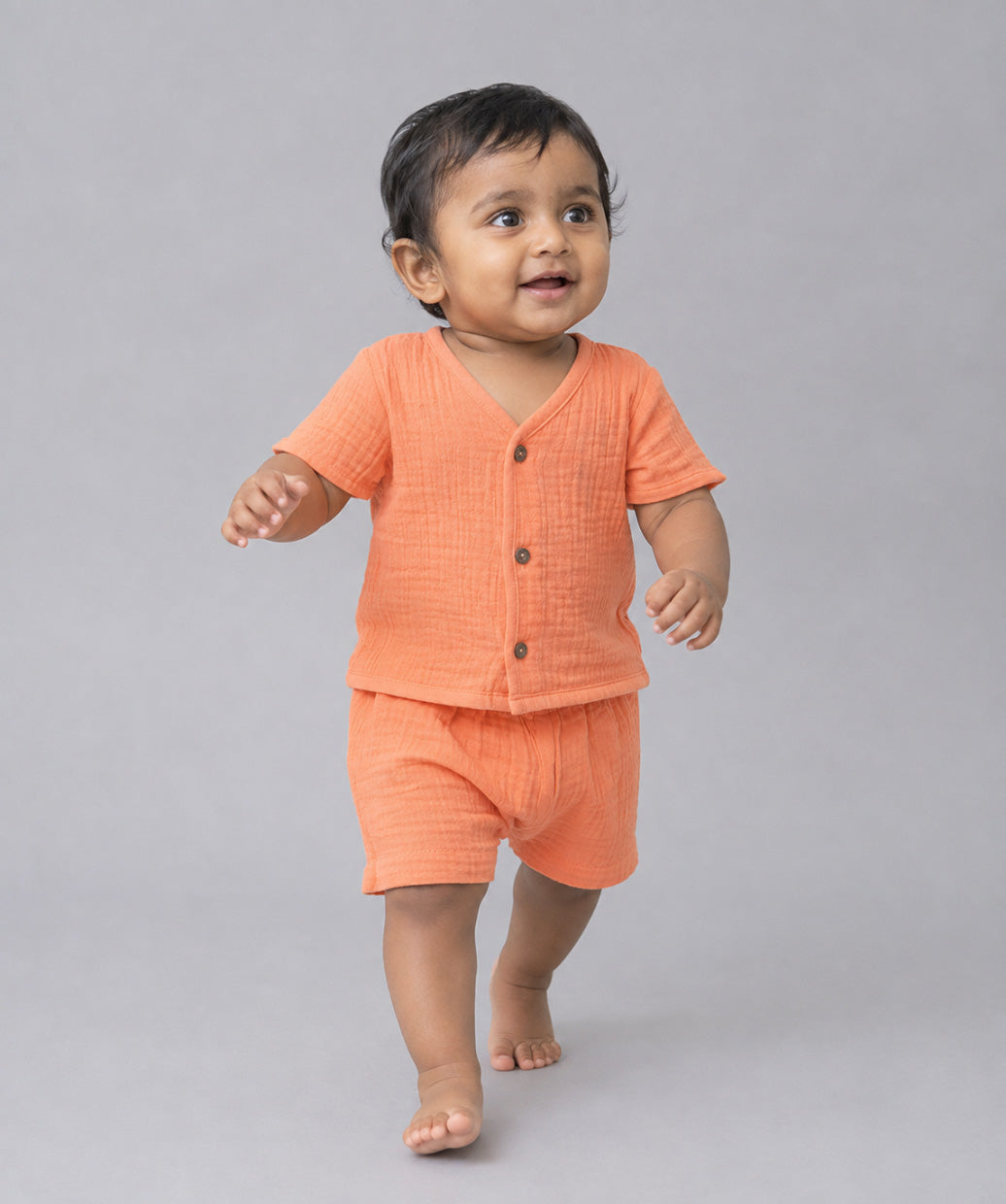 Muslin Bubble Crinkle Jabla-Shorts Set Half Sleeve - Coral Orange