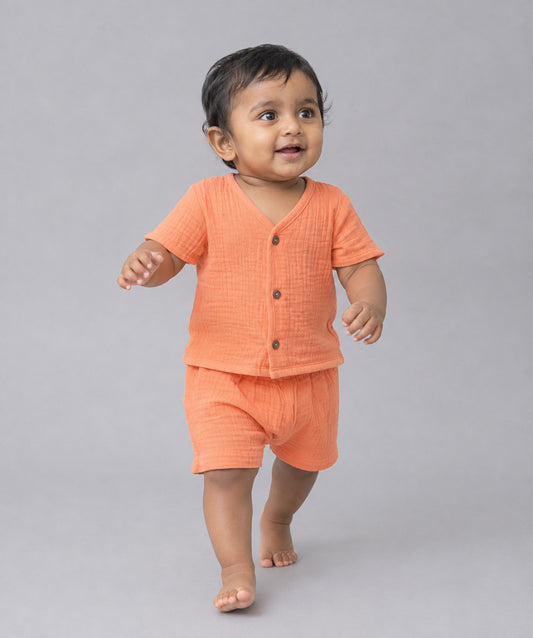 Muslin Bubble Crinkle Jabla-Shorts Set Half Sleeve - Coral Orange