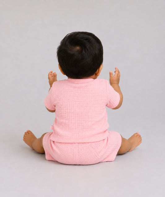 Muslin Bubble Crinkle Jabla-Shorts Set Half Sleeve - Flamingo Pink