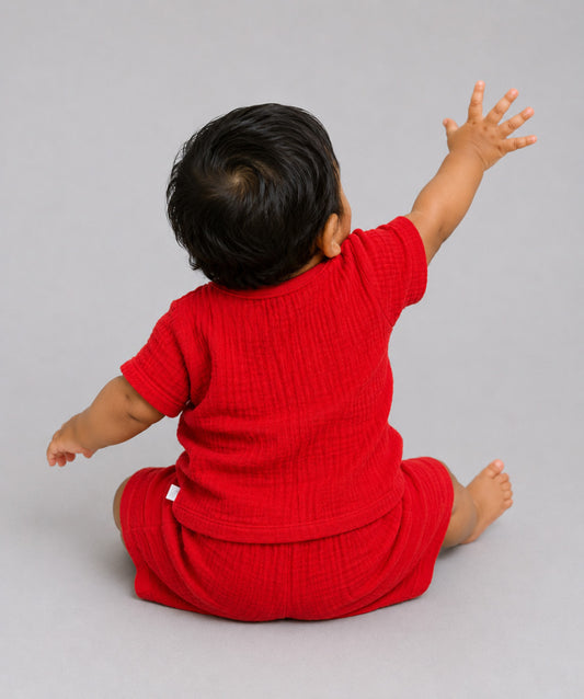 Muslin Bubble Crinkle Jabla-Shorts Set Half Sleeve - Carmine