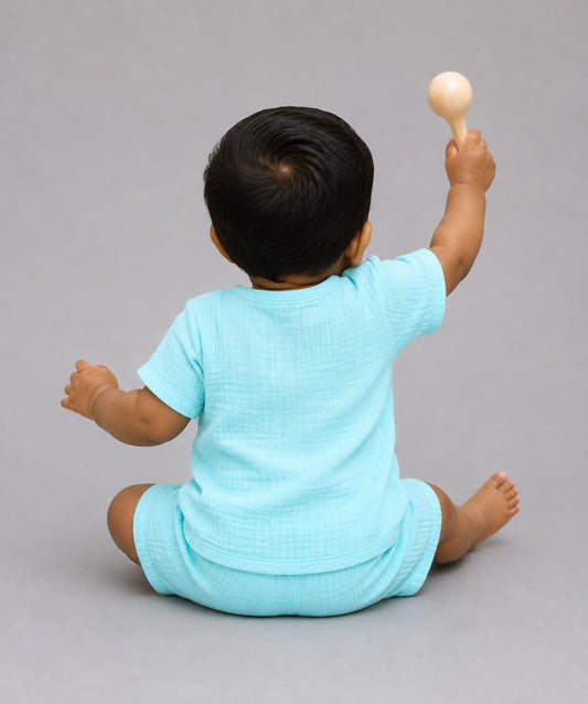 Muslin Bubble Crinkle Jabla-Shorts Set Half Sleeve - Solid Marine