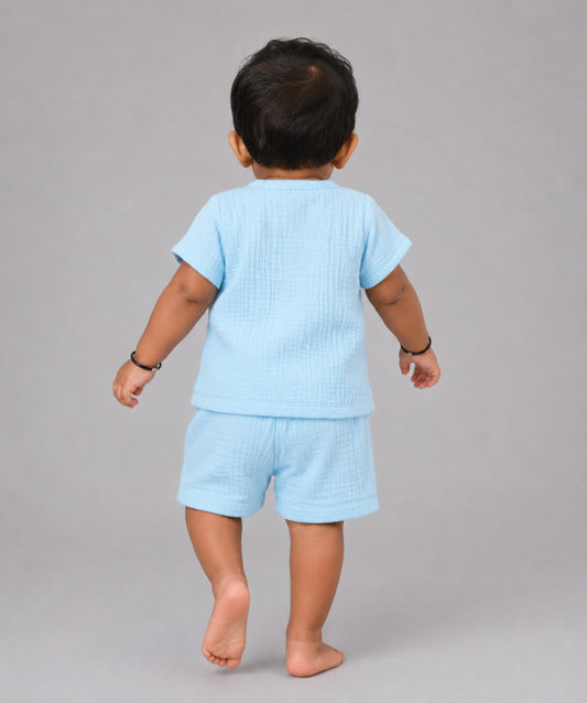 Muslin Bubble Crinkle Jabla-Shorts Set Half Sleeve - Aqua