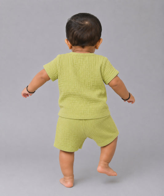 Muslin Bubble Crinkle Jabla-Shorts Set Half Sleeve - Palm Green