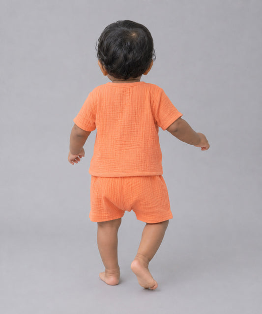 Muslin Bubble Crinkle Jabla-Shorts Set Half Sleeve - Coral Orange